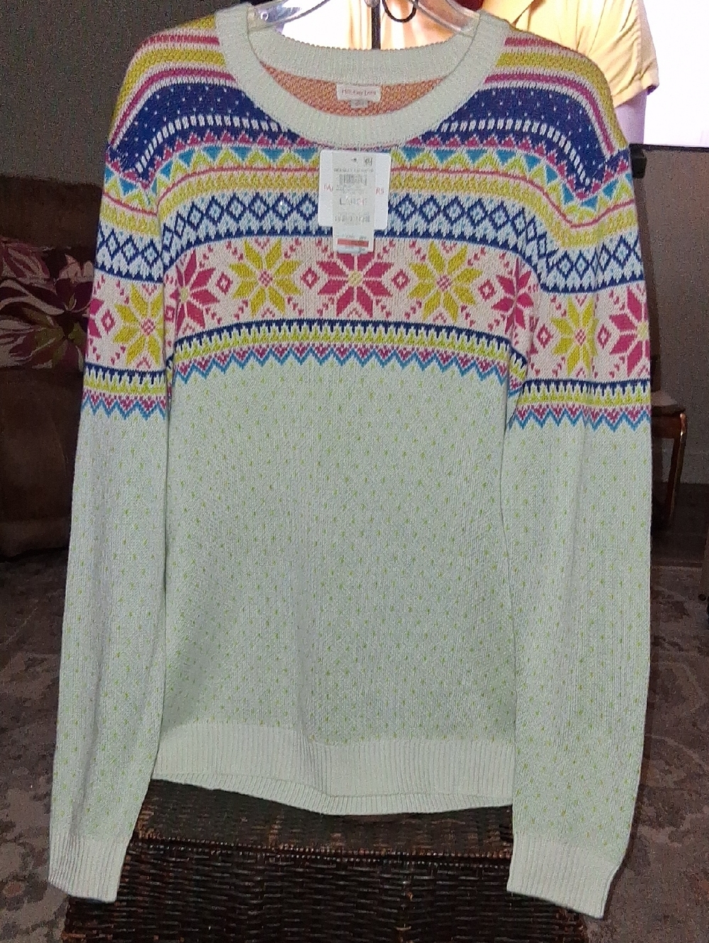Cream Fair Isle Crewneck Sweater with Pink & Blue Pattern - Women